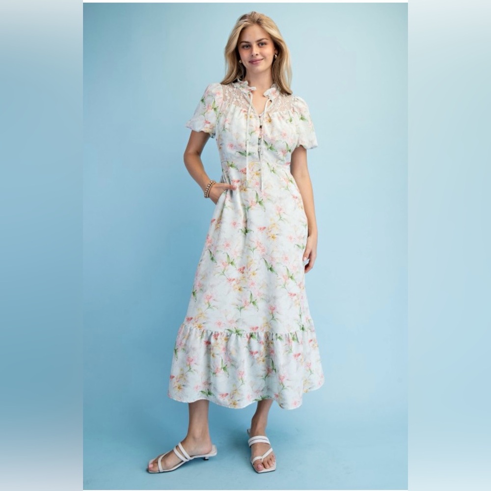 Floral Tie-Neck Maxi Dress - White Floral